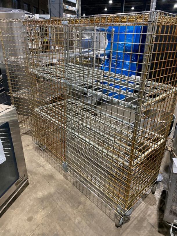 Commercial 4-tier enclosed wire rack utility cart on casters. Features durable wire shelves, enclosed sides, and mobile wheels. Ideal for storage.