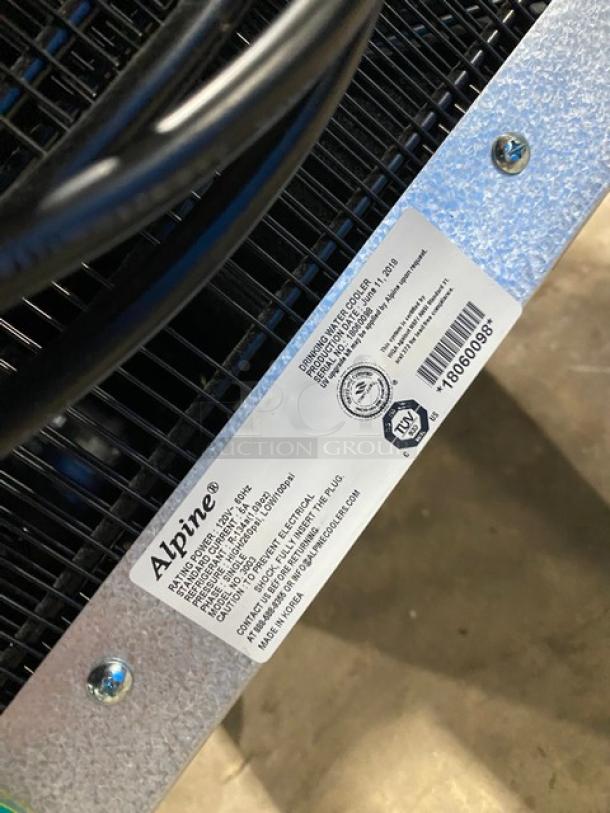 Alpine Model 3003 electric water dispenser, charcoal gray. Features UV, hot/cold function, SN: 18060098, 120V 1 Phase.