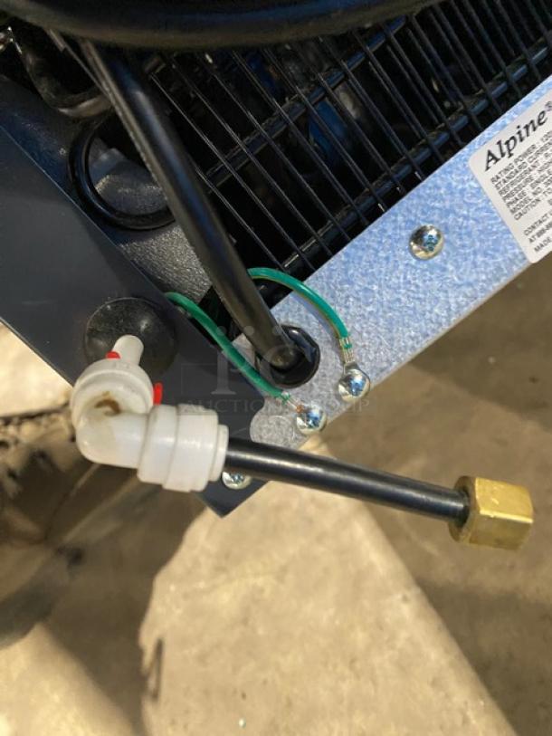 Alpine Model 3003 electric water dispenser wiring and label. Charcoal gray, UV feature, serial number 18060098. 120V, 1 phase.