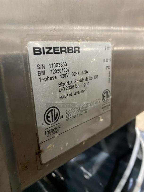 Bizerba S111 commercial meat tenderizer label shows model, serial number 11093353, 120V, 1-phase power details.