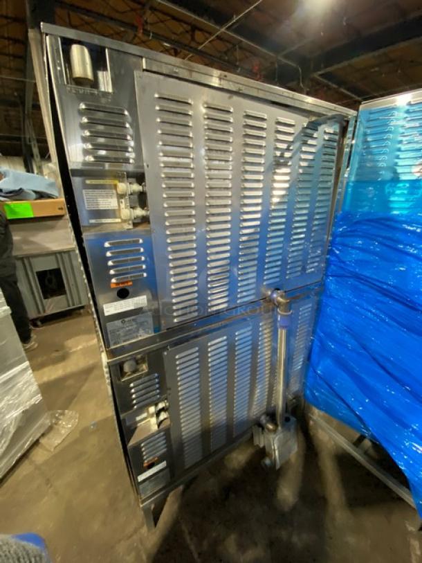 Groen C220E double stacked convection combo steamer oven, stainless steel, with programmable controls, model C/2-20E, on legs.