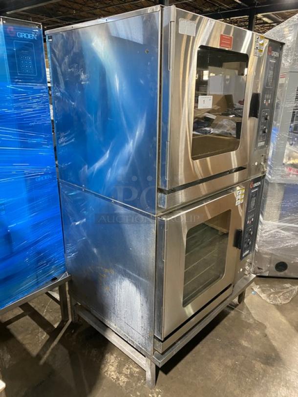 Groen C220E stainless steel electric double convection steamer oven, programmable controls, wired rack, on legs.