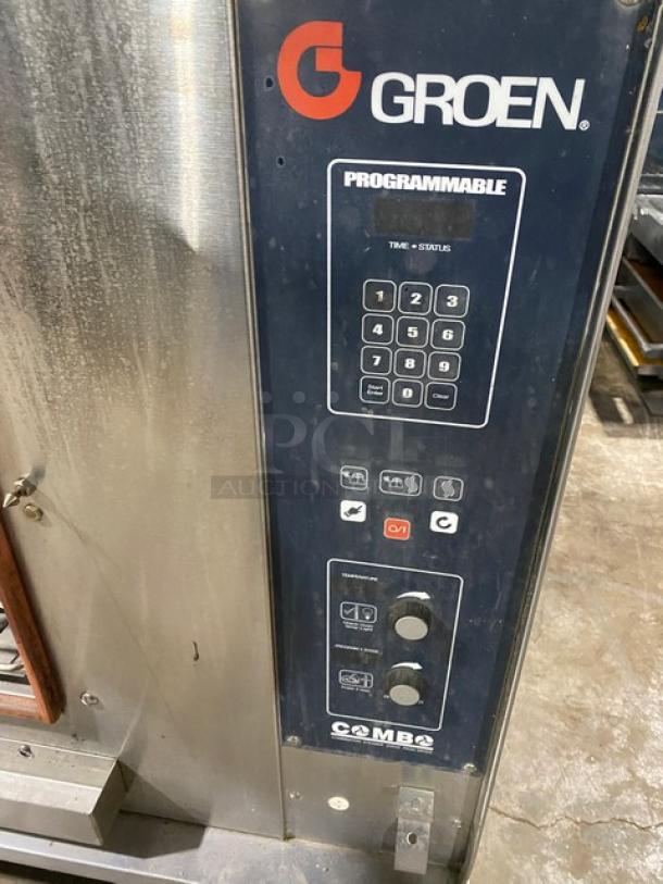 Groen C220E stainless steel double-stacked convection steamer oven, programmable controls, wired rack, 480V, 3 phase.