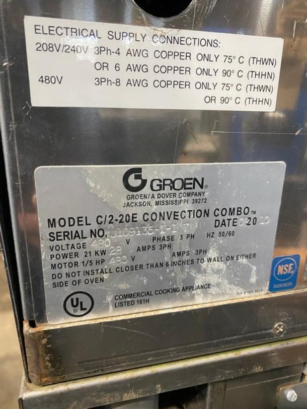 Groen Commercial Stainless Steel Double Stacked Convection Steamer Oven, Model C220E, with programmable controls and wired oven rack. 480V, 3-phase, on legs.