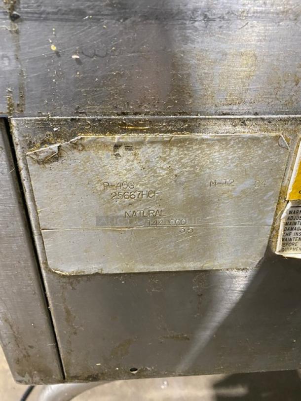 Groen Eclipse P40G stainless steel 40-gallon tilt skillet, thermostatic control, natural gas, serial 25667HCF, on legs.