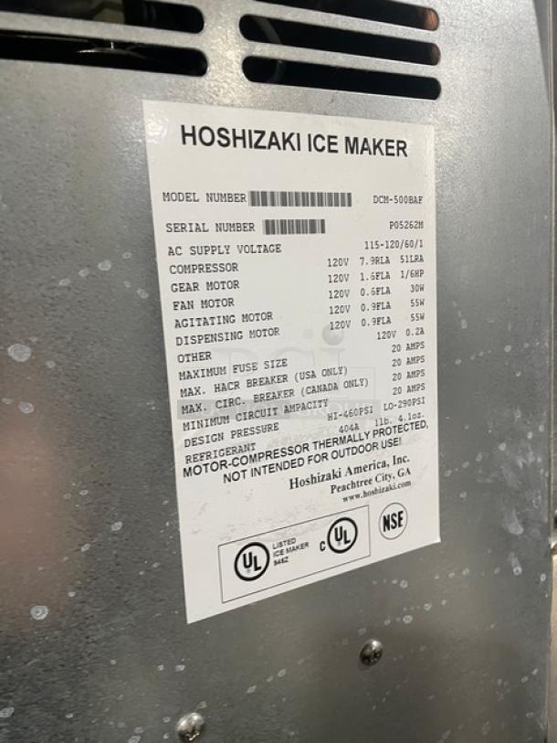 Hoshizaki DCM-500BAF stainless steel ice/water dispenser, electric, with drip tray. Serial P05262M, 115-120V, 1 phase.