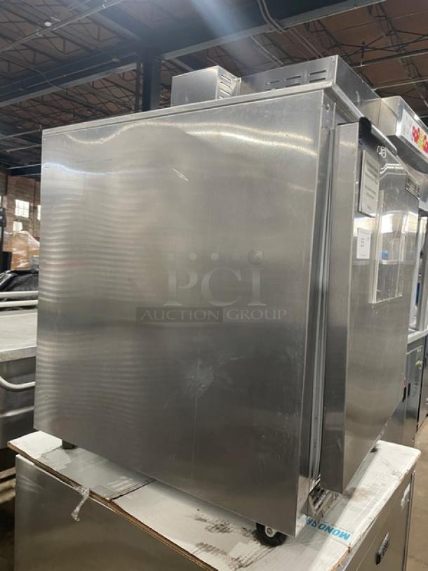 Beverage-Air UCR27A stainless steel single door undercounter refrigerator with poly coated rack, on casters, Model SN: 8007451.