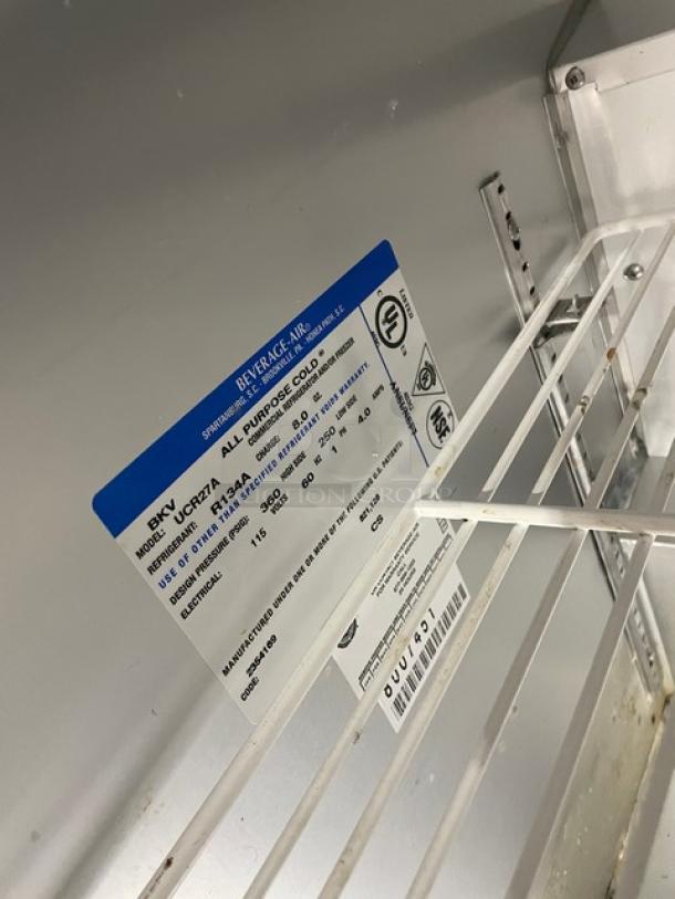 Beverage-Air UCR27A stainless steel commercial refrigerator, single door, poly-coated rack, model UCR27A, serial 8007451, 115V.