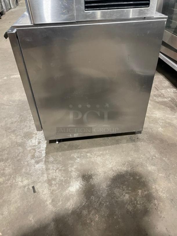 Beverage-Air UCR27A2423 stainless steel undercounter refrigerator, electric, single solid door, poly-coated wire rack, model SN: 10206691.