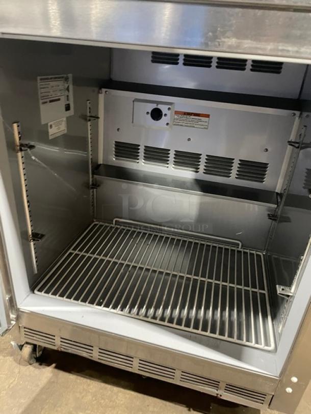 Beverage-Air UCR27A-24-23 undercounter refrigerator, stainless steel, electric, single door, poly coated wire rack, 115V, SN: 10206691.