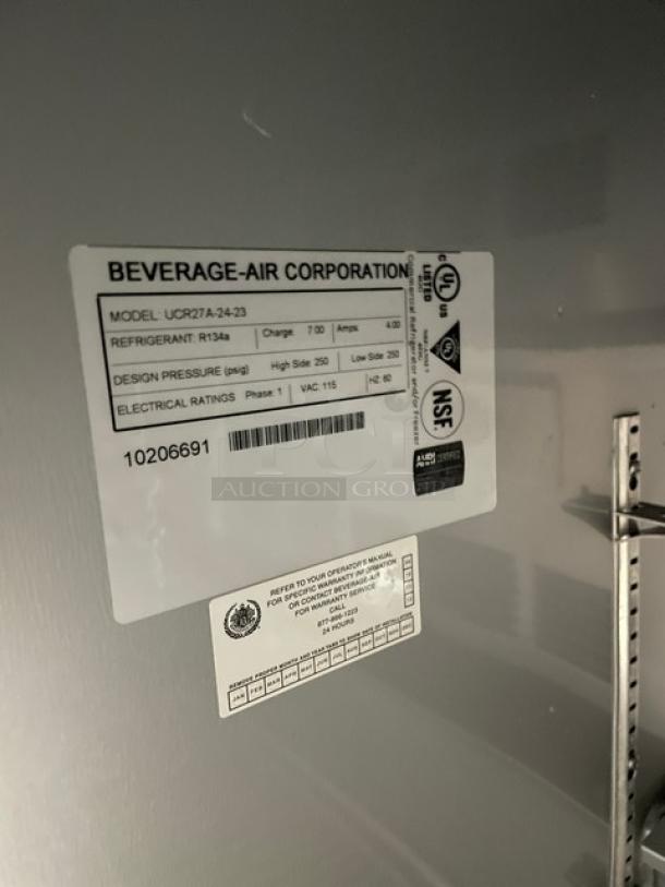 Beverage-Air UCR27A-24-23 undercounter refrigerator, stainless steel, includes poly-coated wire rack, good condition.