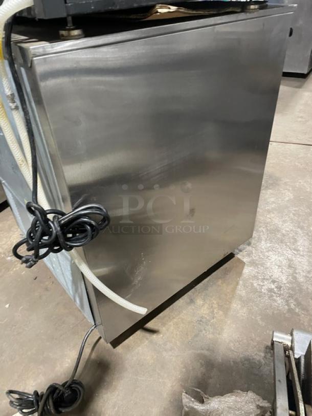 Beverage-Air UCR27A stainless steel single door undercounter refrigerator, on casters, includes poly-coated wire rack.