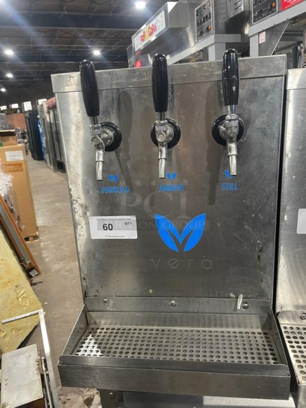 Vero Commercial Electric Stainless Steel Water Dispenser with three taps and drip tray, offers sparkling, ambient, and still options.