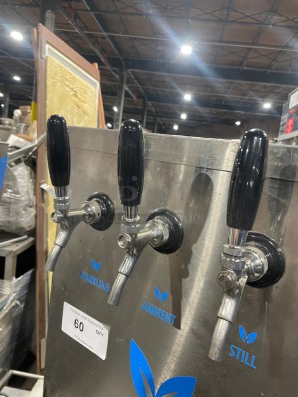 Vero commercial stainless steel electric countertop water dispenser with sparkling, ambient, and still tap options; includes drip tray.