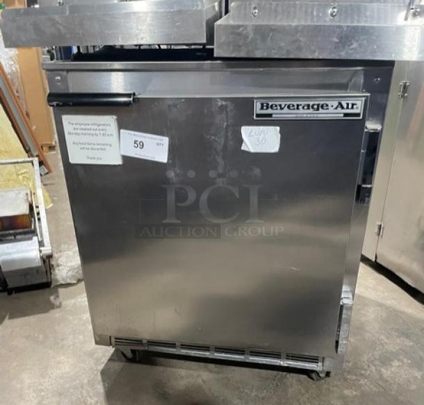 Beverage-Air UCR27A stainless steel undercounter refrigerator, single door, poly coated wire rack, on casters, 115V.