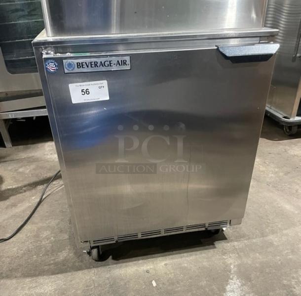 Beverage-Air UCR27A-24-23 commercial stainless steel undercounter refrigerator, single door, poly-coated rack, model label present.