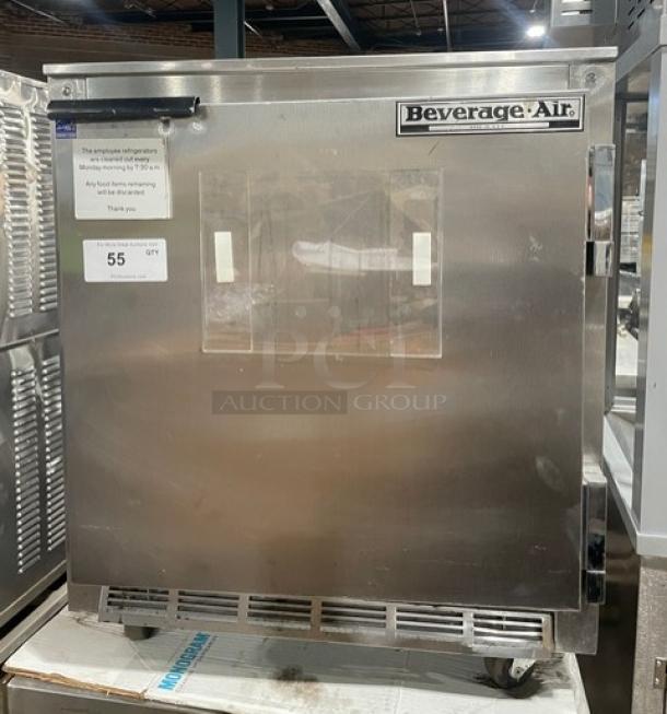Beverage-Air UCR27A stainless steel undercounter refrigerator, single door, poly coated rack, on casters, model tag visible.