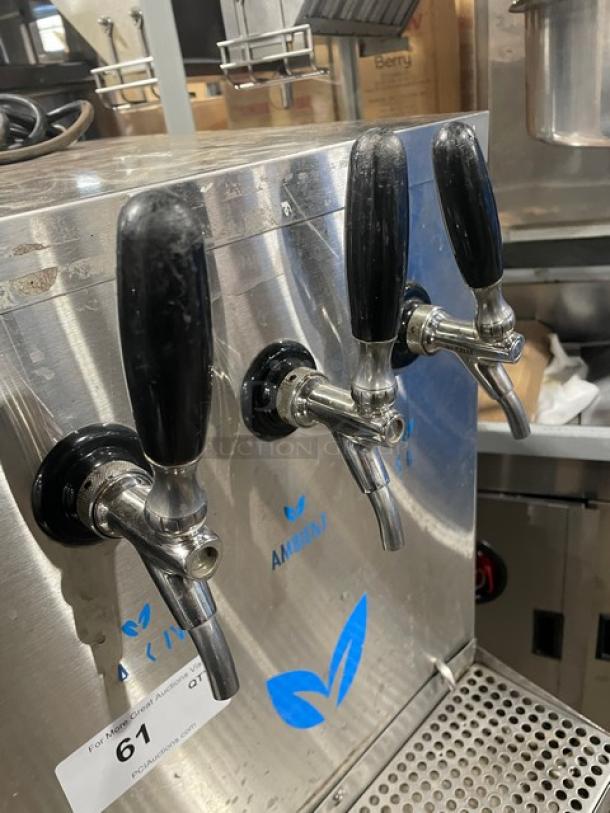 Vero Commercial Stainless Steel Electric Countertop Water Dispensing System with drip tray, featuring three black-handled taps.