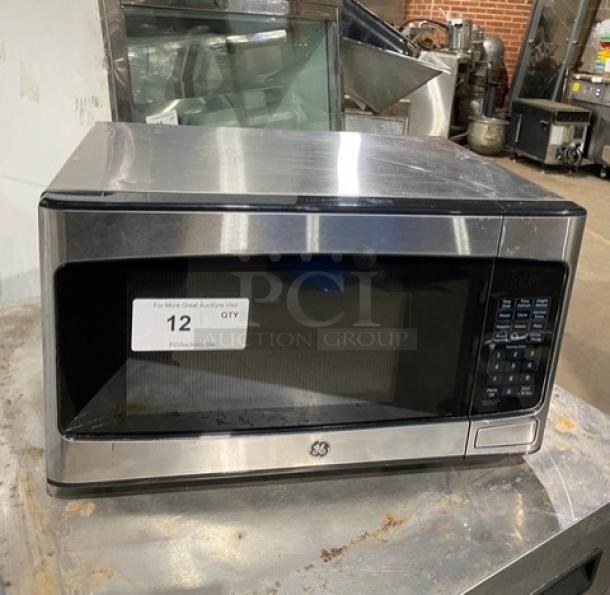 GE Appliances 2018 stainless steel countertop microwave, model JES1145SH1SS, in good condition with digital controls.