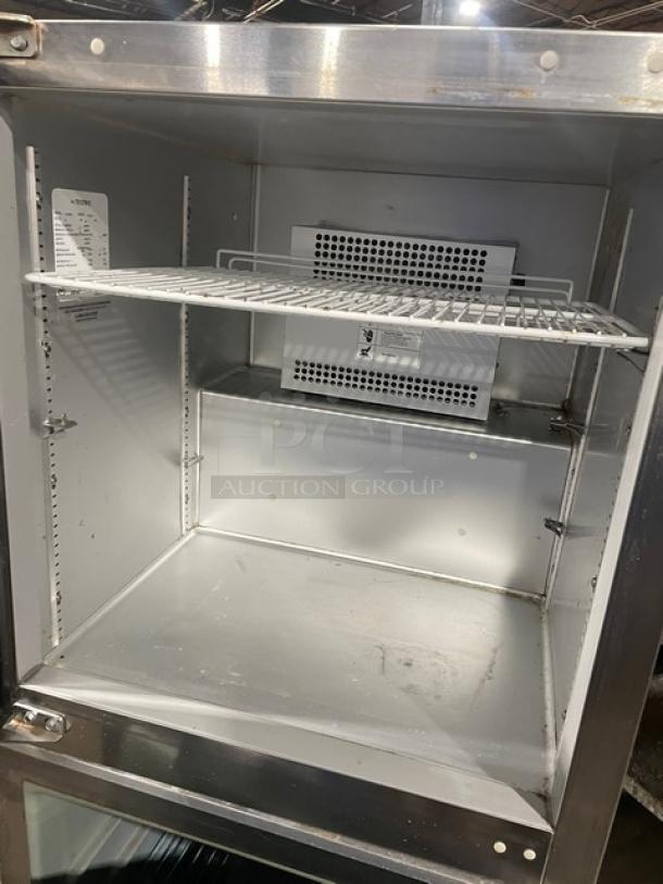 Traulsen UHT27-L stainless steel undercounter refrigerator, poly-coated rack, electric, single door, commercial use.