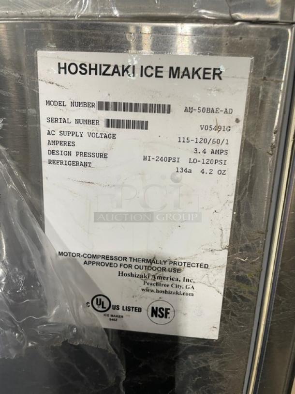 Hoshizaki commercial undercounter ice maker, model AM-50BAE-AD, stainless steel, electric, 115-120V, 1 phase, good condition.