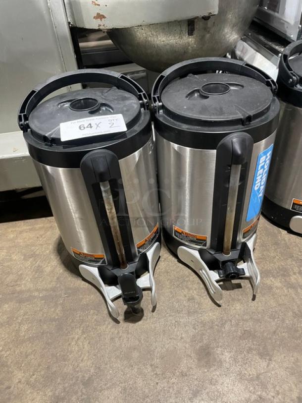 Bunn Soft Heat Series stainless steel coffee server model SHSERVER, dual units shown, commercial use, sturdy handles.