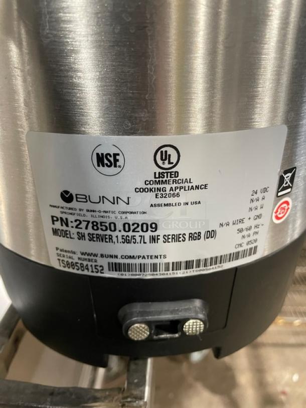 Bunn Soft Heat Series stainless steel coffee server, Model SHSERVER, SN TS00584152, NSF and UL listed, excellent condition.
