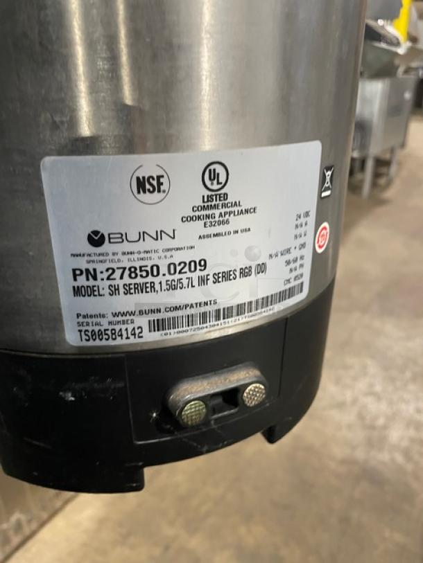 Bunn Soft Heat 1.5-Gal Coffee Server, Model SHSERVER, Stainless Steel, Serial TS00584142, NSF and UL listed.