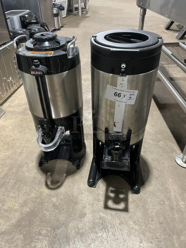 Bunn Commercial Stainless Steel Insulated Coffee Server, black and silver, with dispensing spout, model label visible.