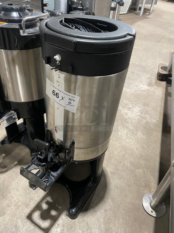 Bunn/Curtis stainless steel coffee server, insulated, commercial-grade, with dispenser, fair condition, label "66 X QTY 9."