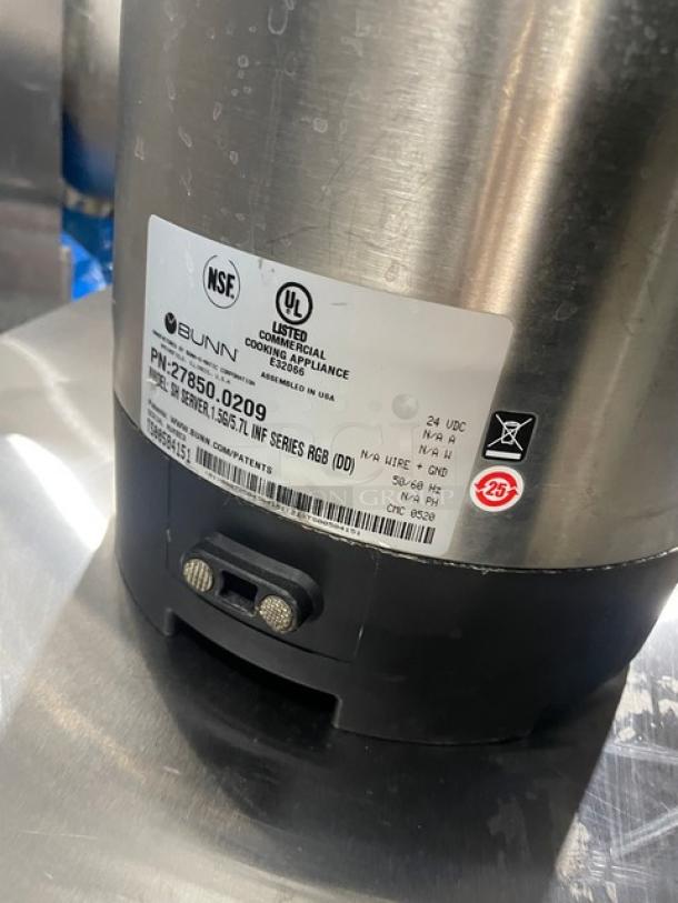 Bunn SHSERVER stainless steel insulated coffee server. NSF, UL listed. Serial number TS00584151. Capacity: 1.5 gal.