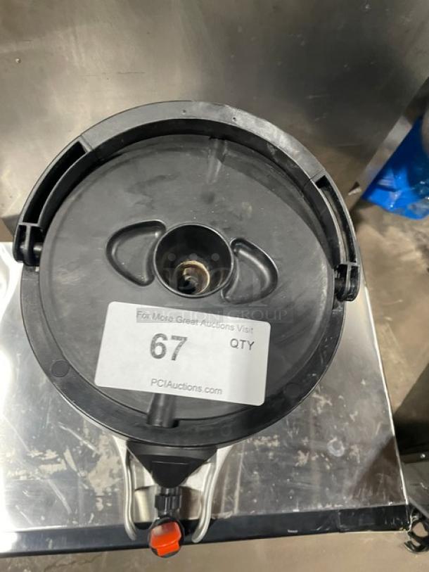 Bunn SHSERVER 1.5-Gal. Stainless Steel Insulated Decaf Coffee Server, serial TS00584151, with lid and label reading "67 QTY."