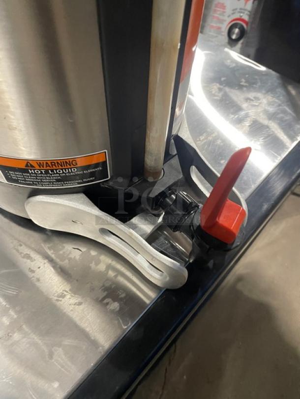 Bunn Soft Heat Series 1.5-Gal. Coffee Server, Model SHSERVER, stainless steel, insulated, warning label visible.