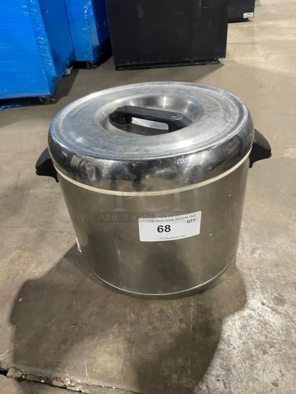 Zojirushi commercial stainless steel sushi rice container with lid, handles, and a visible auction label, in used condition.