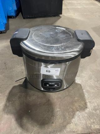 Aroma Commercial Stainless Steel Electric Rice Cooker, Model ARC-1130S, 120V, in used condition with visible label and controls.
