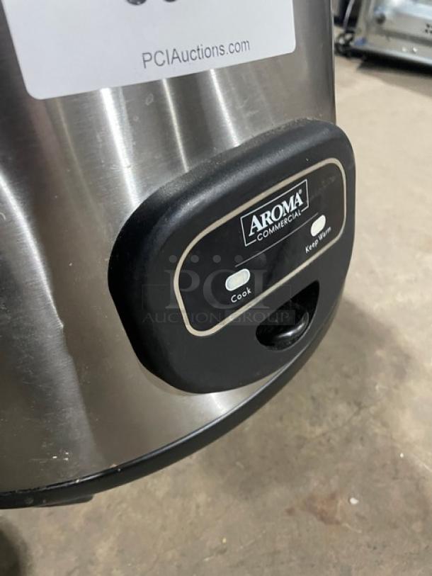 Aroma ARC-1130S Commercial Stainless Steel Rice & Grain Cooker, electric-powered, 120V, with control panel showing "Cook" and "Keep Warm" options.