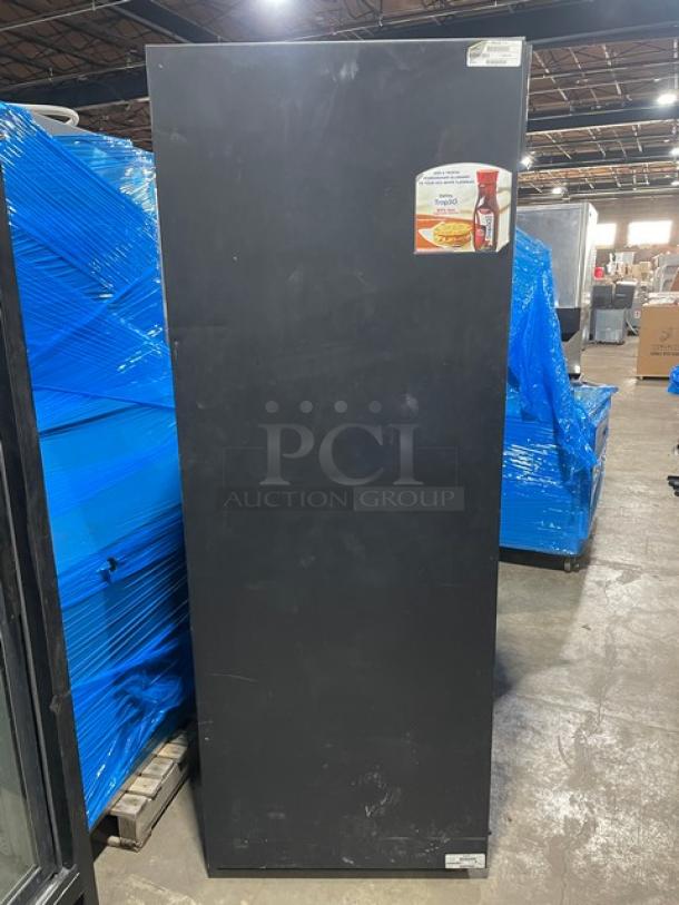 True Dunkin Donuts/Baskin Robbins commercial fridge, model GDM-37EM, black, double sliding glass doors, Energy Star certified.