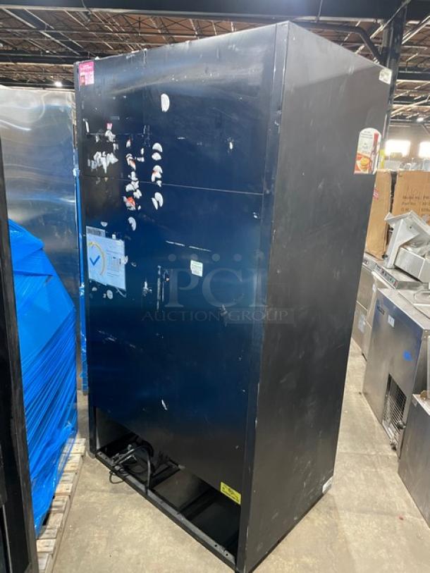 True GDM37EM commercial black refrigerator with double glass sliding doors, Energy Star certified, poly coated wired rack.