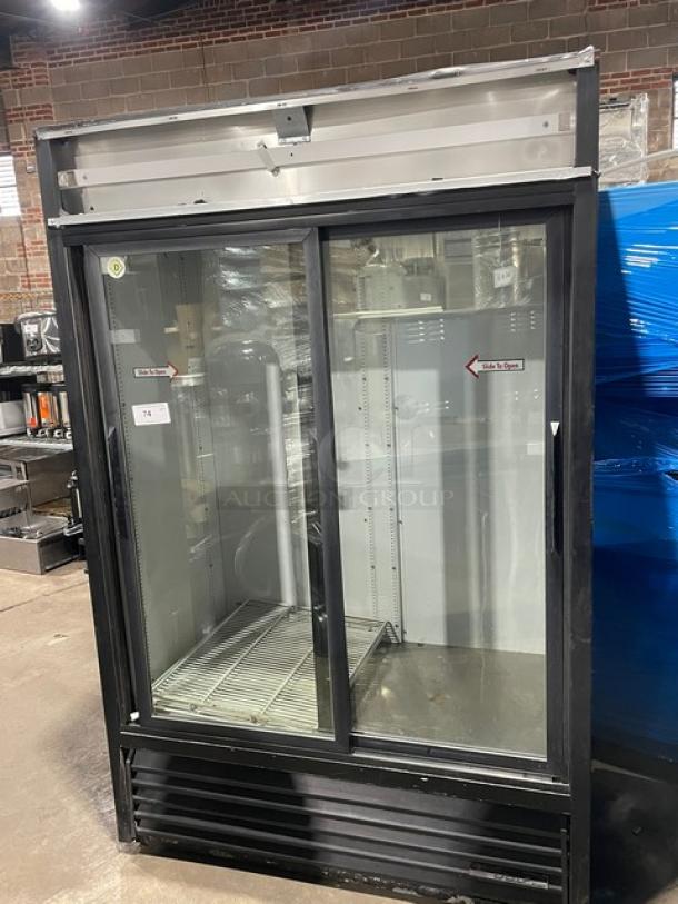 True GDM-45 commercial black double glass sliding door refrigerator with poly-coated wire rack, model SN: 1-4346347, 115V 1 Phase.
