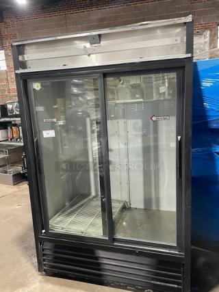 True GDM-45 commercial black double glass sliding door refrigerator with poly-coated wire rack, model SN: 1-4346347, 115V 1 Phase.