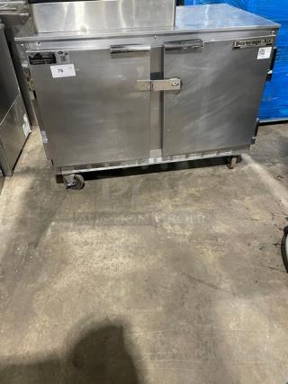 Beverage-Air stainless steel 2-door undercounter refrigerator, model UCR48A, with poly-coated rack, on casters.