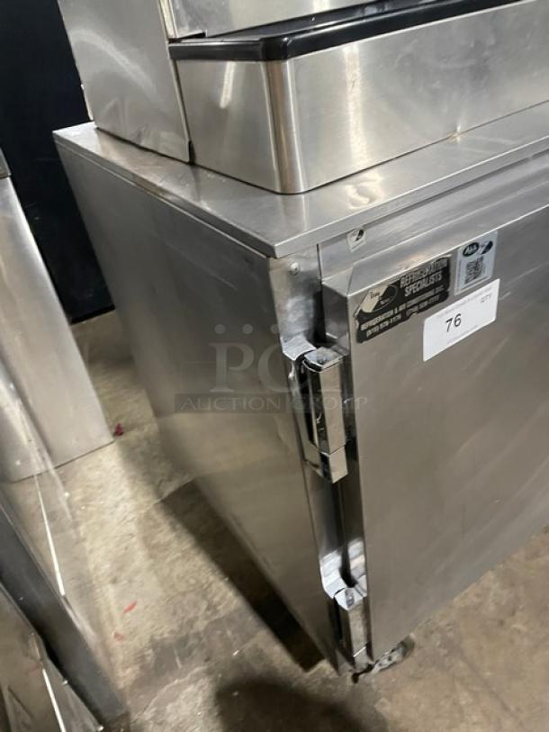 Beverage-Air UCR48A commercial stainless steel 2-door undercounter refrigerator, poly-coated wired rack, on casters, visible label.