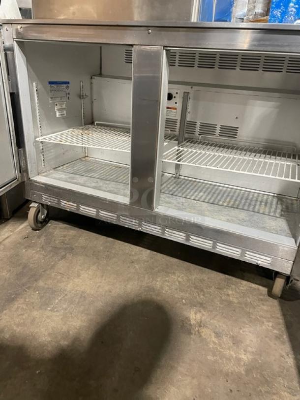 Beverage-Air UCR48A stainless steel 2-door worktop refrigerator, poly coated racks, on casters, commercial grade.