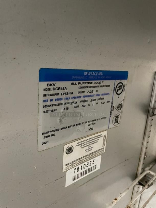 Beverage-Air UCR48A refrigerator label with model, serial number 7610825, 115V, on casters, poly coated wired rack.