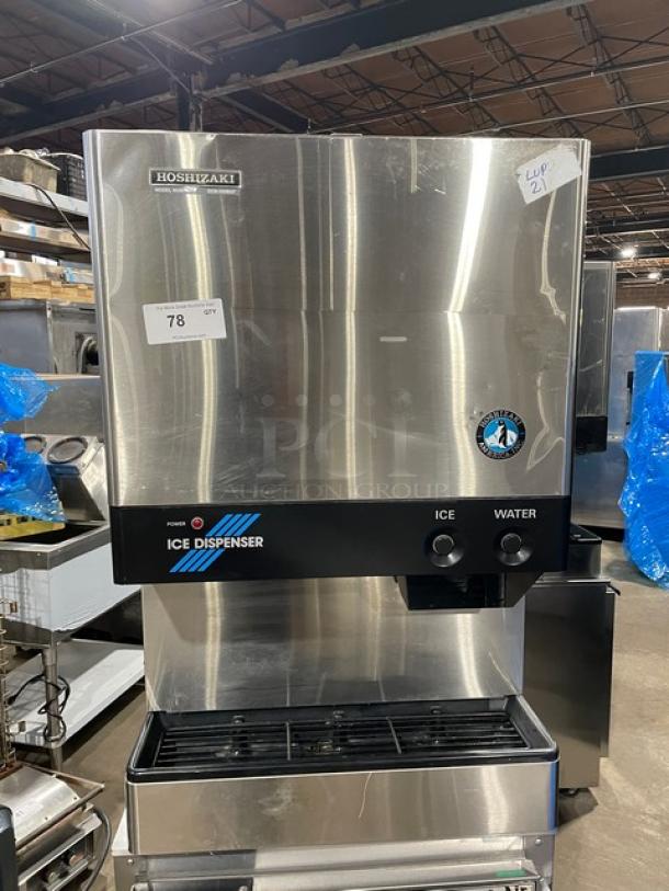 Hoshizaki stainless steel ice and water dispenser, model DCM-500BAF, with drip tray. Electric, air-cooled, 115-120V, 1 phase.