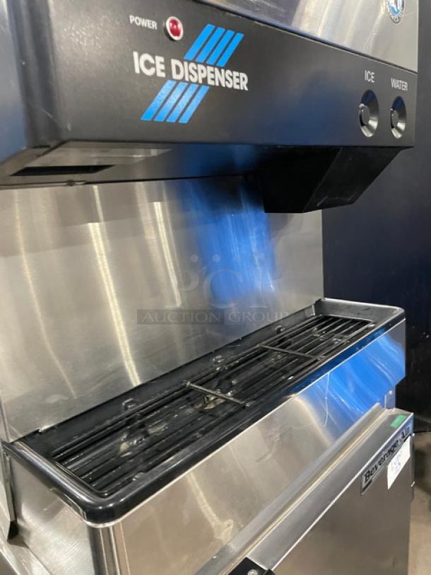 Hoshizaki DCM-500BAF stainless steel ice/water dispenser, air-cooled, electric, with drip tray. Model and serial number displayed.