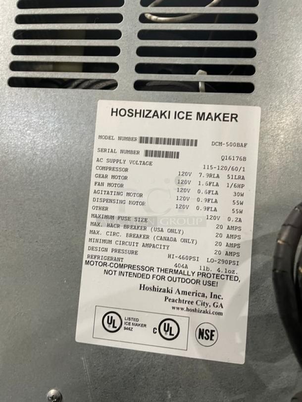 Hoshizaki stainless steel ice maker, model DCM-500BAF, SN Q16176B. Features air-cooled countertop design with drip tray. 115-120V, 1 phase.