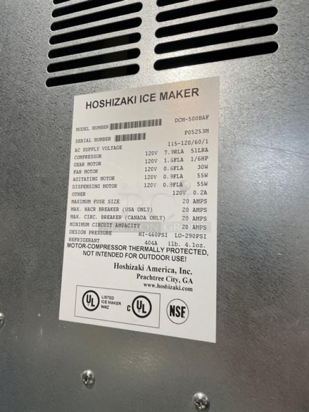 Hoshizaki DCM-500BAF ice maker label showing model, serial number P05253M, 115-120V, 1 Phase. UL and NSF listed.