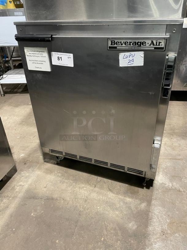 Beverage-Air UCR27A commercial stainless steel single door undercounter refrigerator on casters, with poly-coated wire rack, 115V.
