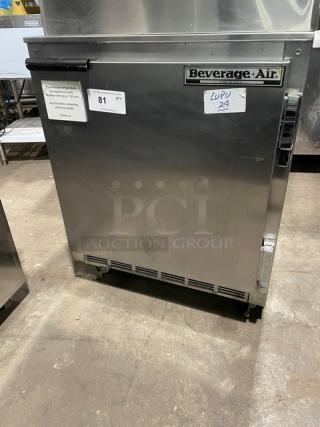 Beverage-Air UCR27A commercial stainless steel single door undercounter refrigerator on casters, with poly-coated wire rack, 115V.
